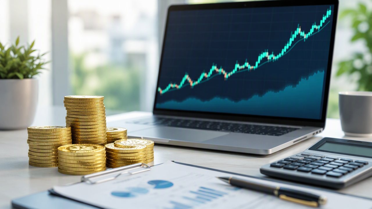استیبل‌کوین و تبدیل ارز؛ سکه‌های طلایی کنار لپ‌تاپ با نمودار صرافی