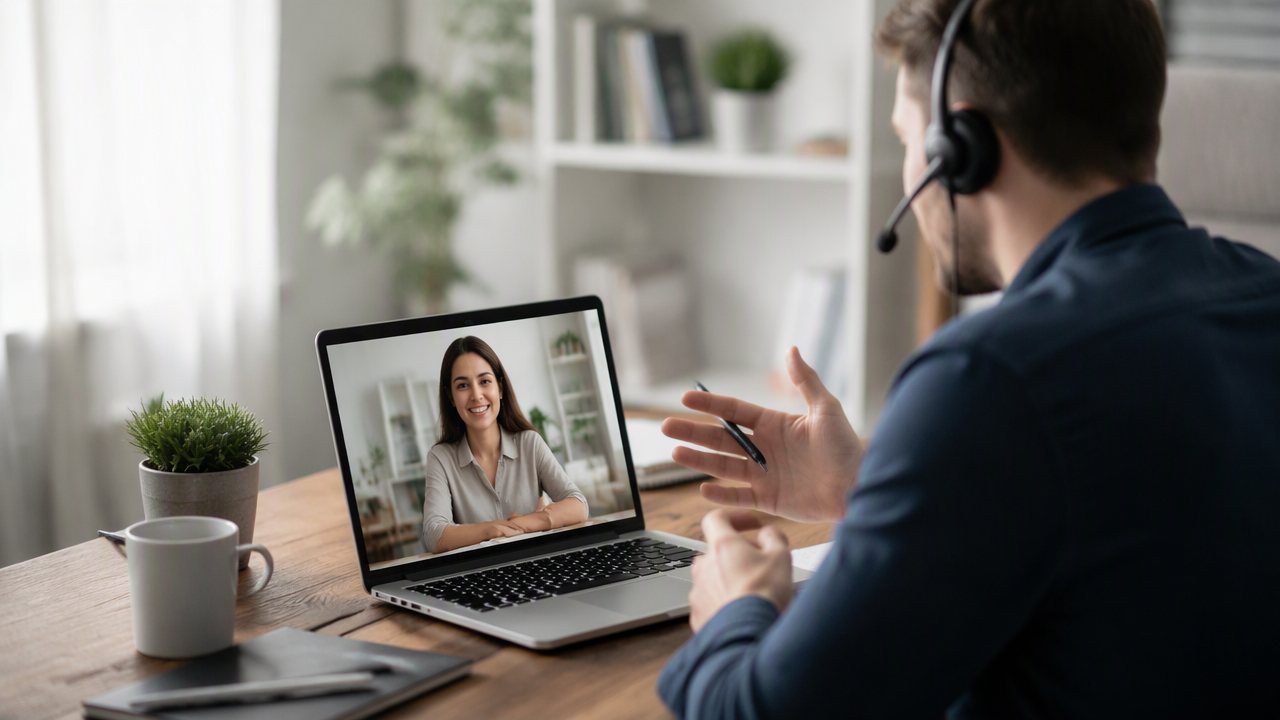 ارتباط آنلاین حرفهای؛ فریلنسر با هدست در تماس تصویری با مشتری